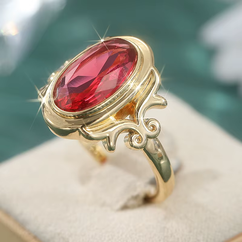 Bague vintage magnifique incrustée de rubis synthétiques ovales plaquée or pour femme, accessoire de