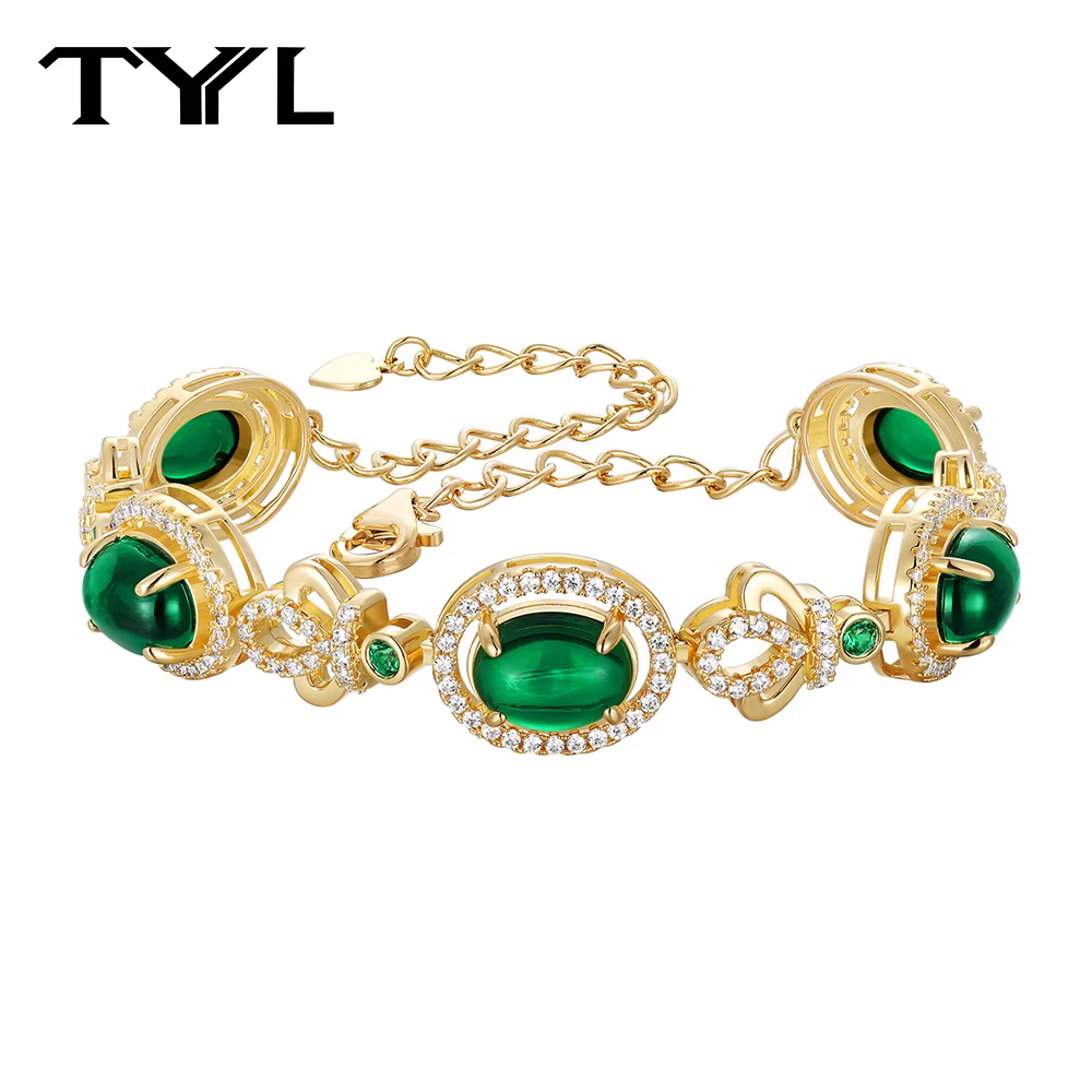 Bracelet TYYL plaqué or 14 carats avec pierres synthétiques vertes et zircon 5A, élégant bijou vinta