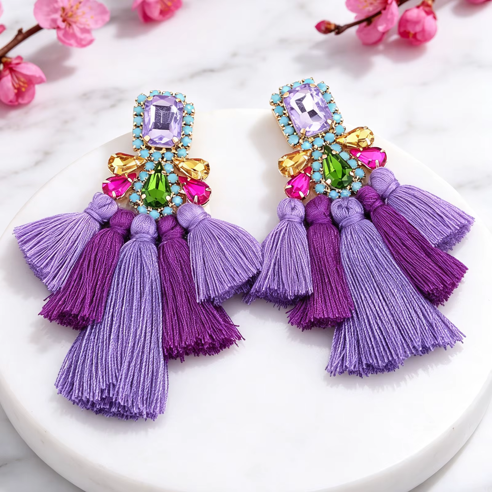 Boucles d'oreilles pendantes bohèmes exagérées en strass faites à la main avec pompons pour femme, b