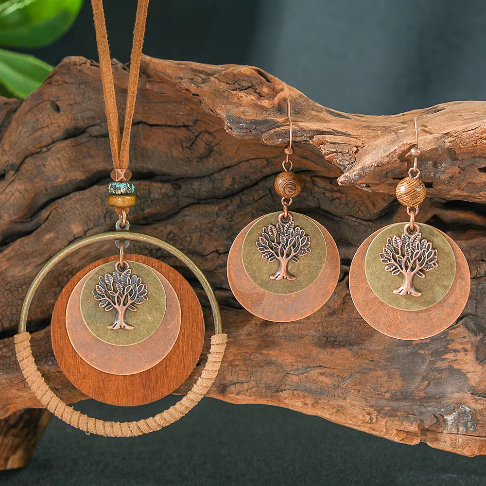 Collier et boucles d'oreilles ethnique rond pour femmes, pendentif arbre à fleurs, breloque Vintage,