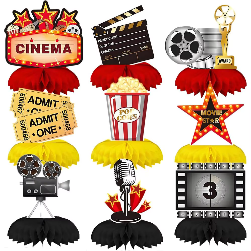 Centres de table nid d'abeille sur le thème du cinéma de Hollywood, lot de 9 décorations de table su
