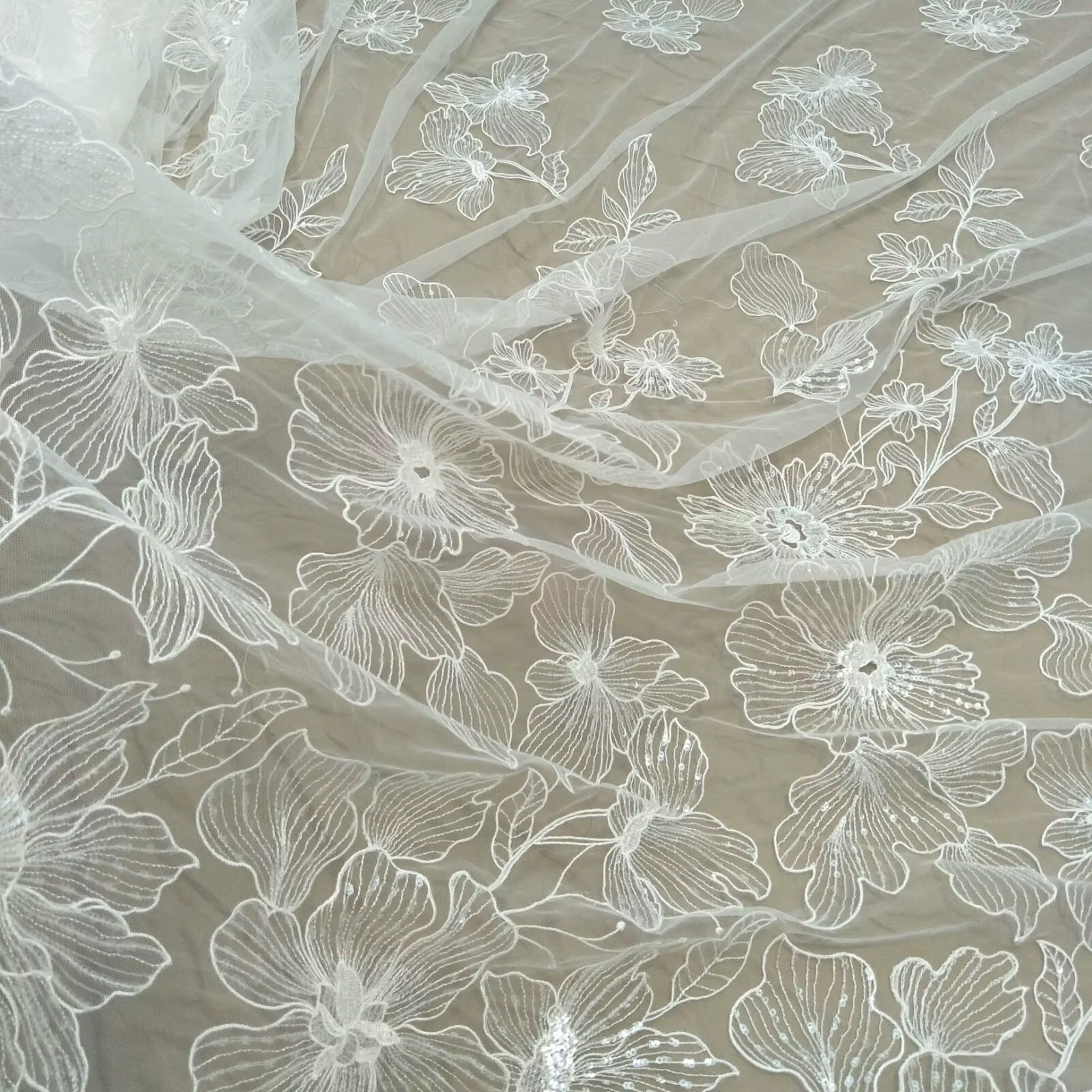 Robe de mariée à grande fleur, tissu en dentelle, 130cm de largeur, paillettes ivoire, vente au mètr