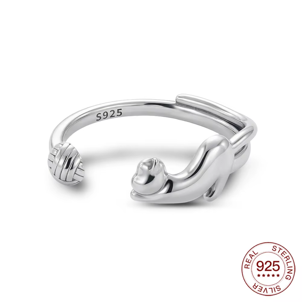 Bague ouverte réglable en argent sterling 925, motif chat mignon et pelote de laine, bijou minimalis