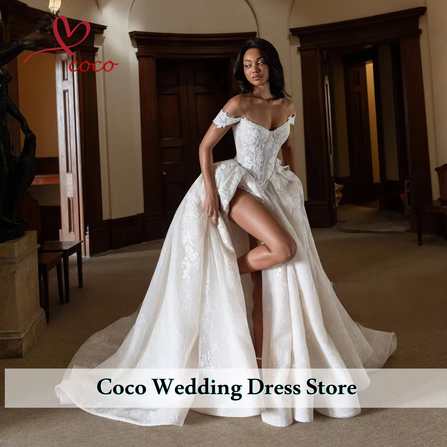 Robe De mariée élégante personnalisée, épaules dénudées, fente latérale, ligne a romantique, longueu