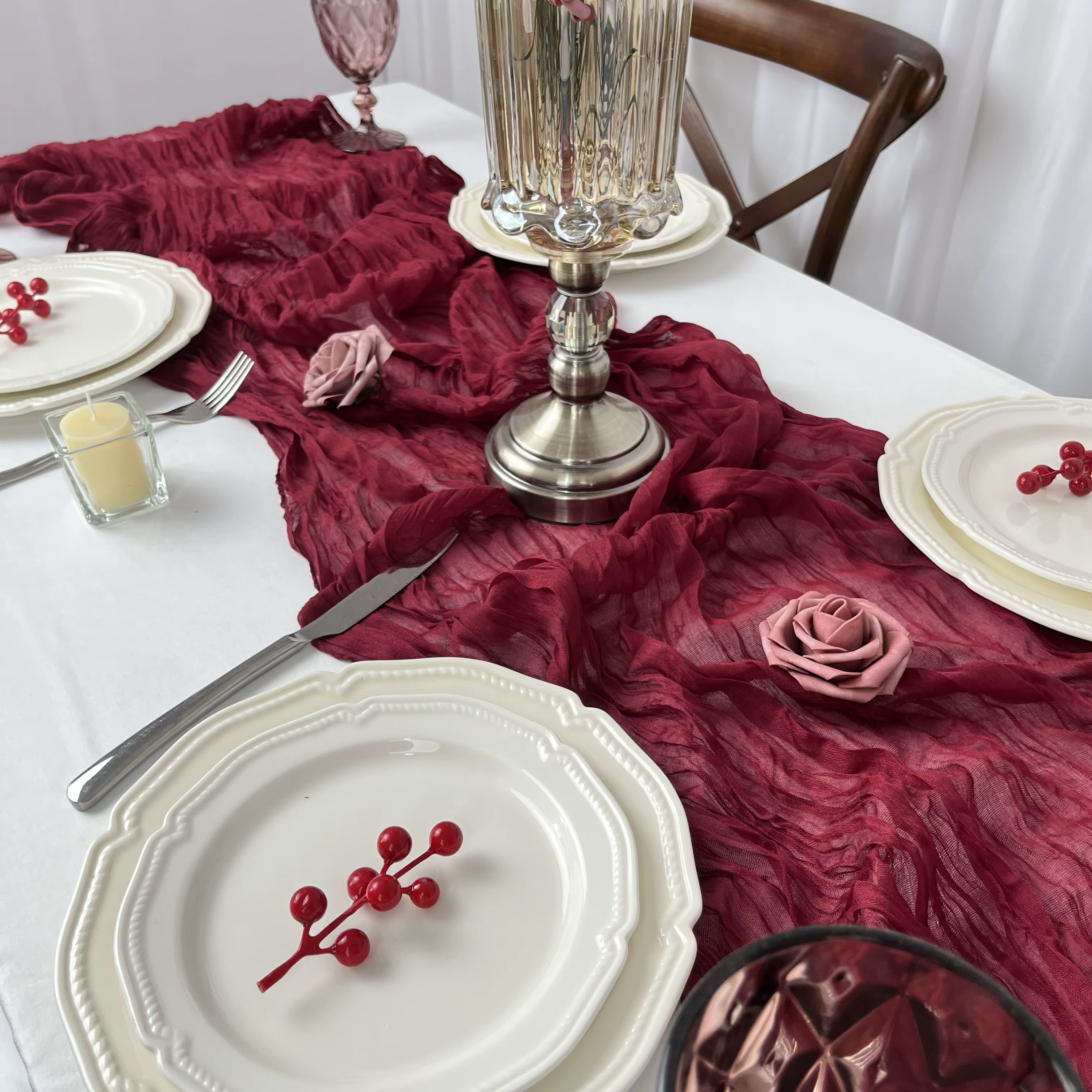 Chemin de Table en gaze bordeaux, 4 paquets, tissu drapé d'arrière-plan Semi-transparent pour mariag