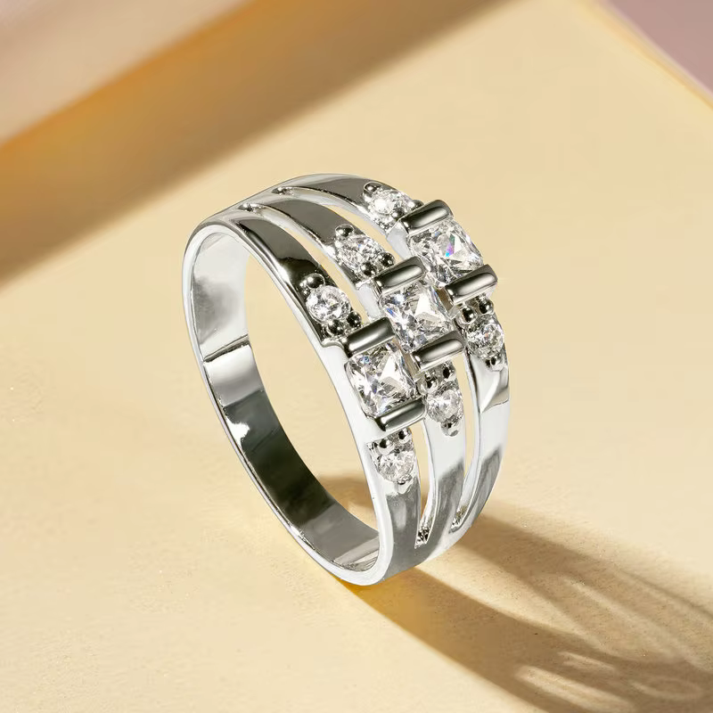 Rrjzz – bague plaquée or 14 carats à trois rangées, sac de luxe, coupe rayonne, bagues en diamant si