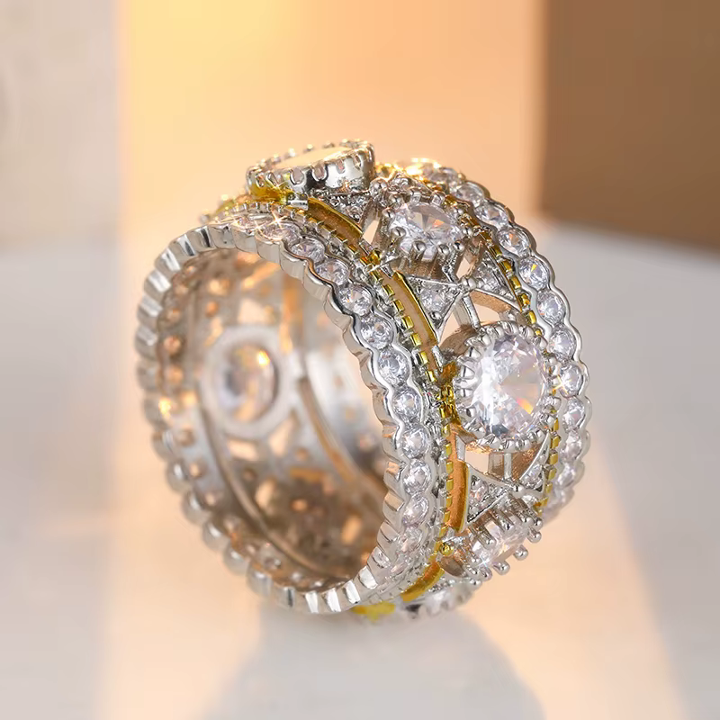 Magnifique bague large creuse bicolore en zircone synthétique pour femme, accessoire de bijouterie f