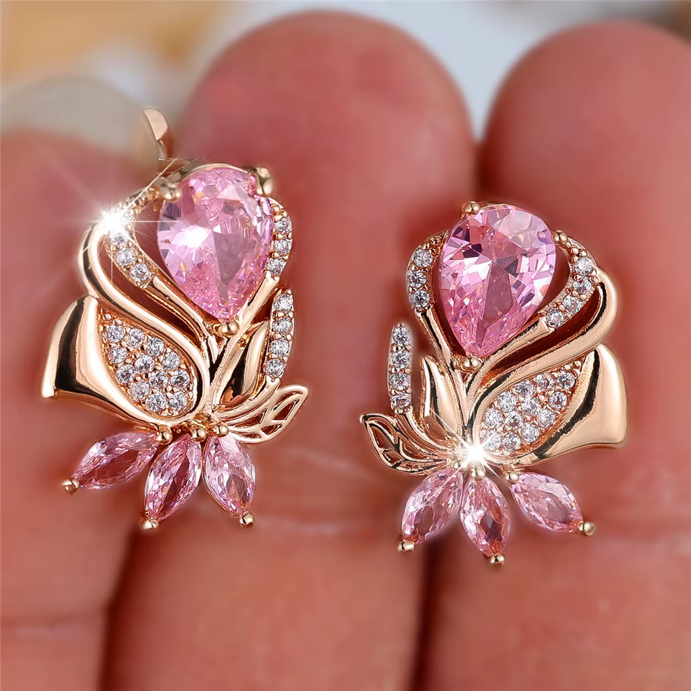Boucles d'oreilles de luxe en pierre de Zircon rose pour femmes, bijoux de mariage couleur or à la m