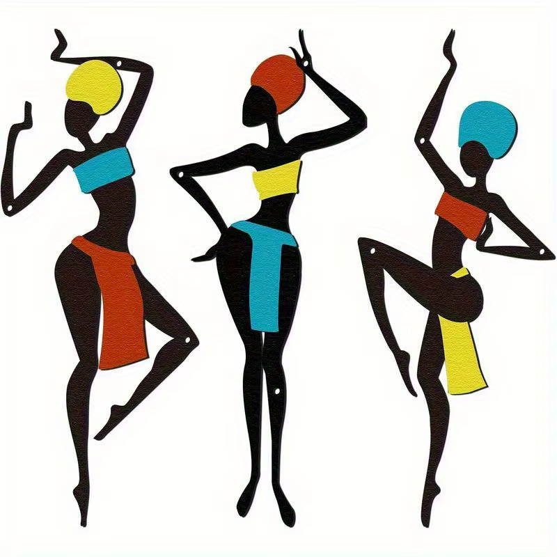 3 pièces d'art mural en métal africain - Art silhouetté de style danse ethnique, décoration suspendu
