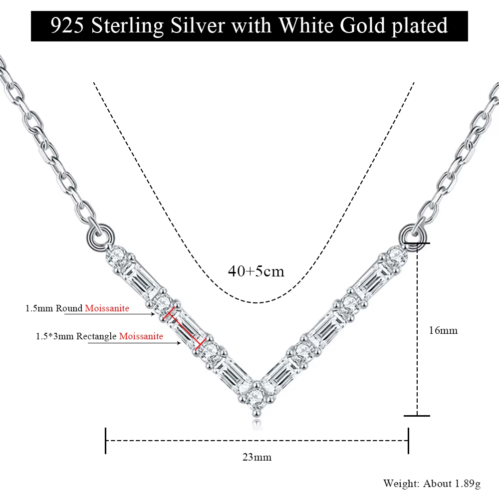 Collier pendentif en forme de V Moissanite, chaîne en argent Sterling 925 VVS1 3EX, diamant rectangu