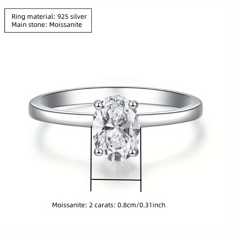 Bague ovale en moissanite de 2 carats en argent sterling 925, unisexe, idéale comme cadeau pour les 