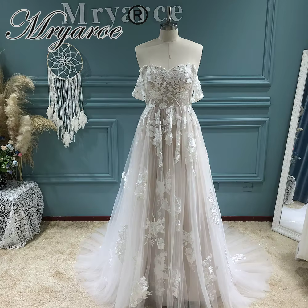 Mryarce nouvelle robe de mariée élégante à épaules dénudées Glamours dentelle appliquée une ligne pr