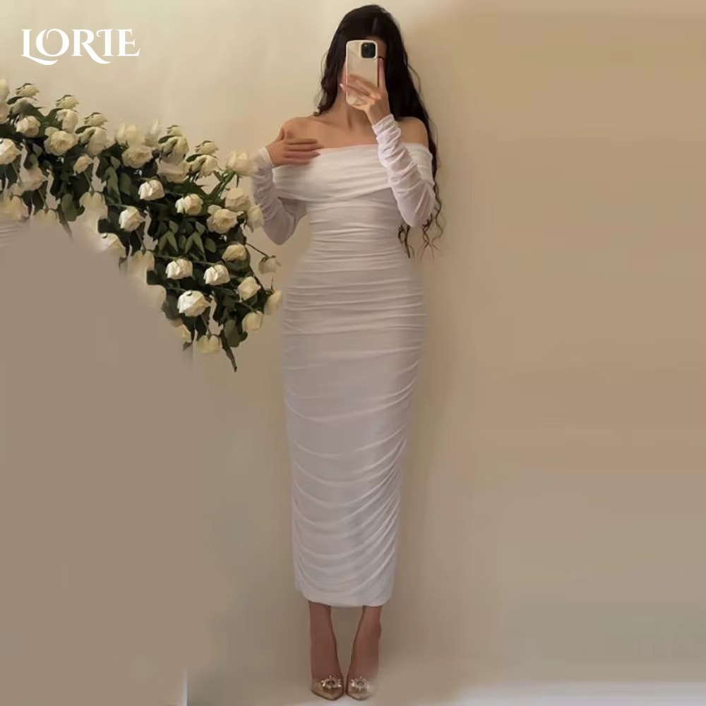 LORIE plage robes de mariée épaules dénudées plis thé longueur sirène robe de mariée manches longues