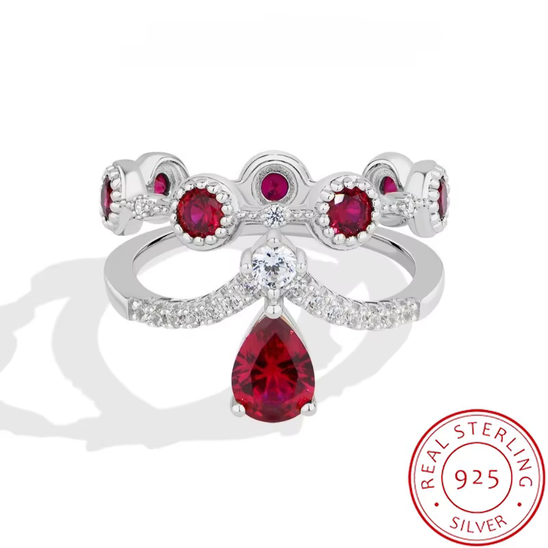 Bague Couronne Double Bande de Luxe avec Zircon Rubis Goutte d'Eau, Bague de Promesse Plaqué Argent 