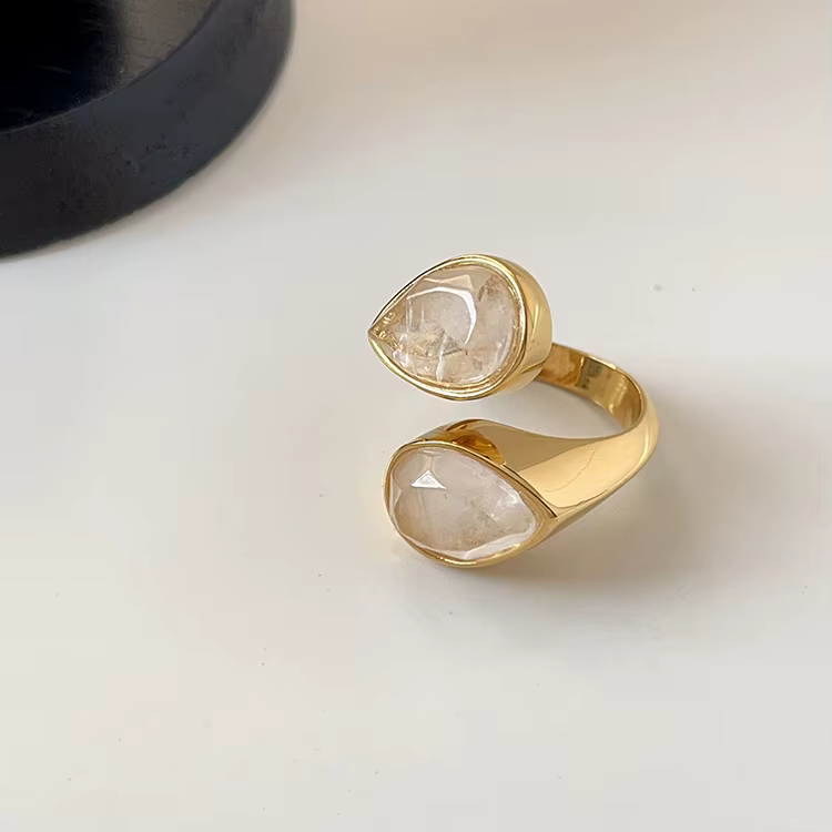 Bague de luxe en laiton plaqué or pour femme, cristal naturel européen, goutte d'eau, bijoux de qual