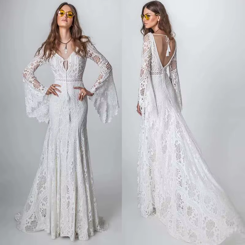Robe De mariée De plage en dentelle style bohémien, Vintage, manches longues évasées, crochet, dos n