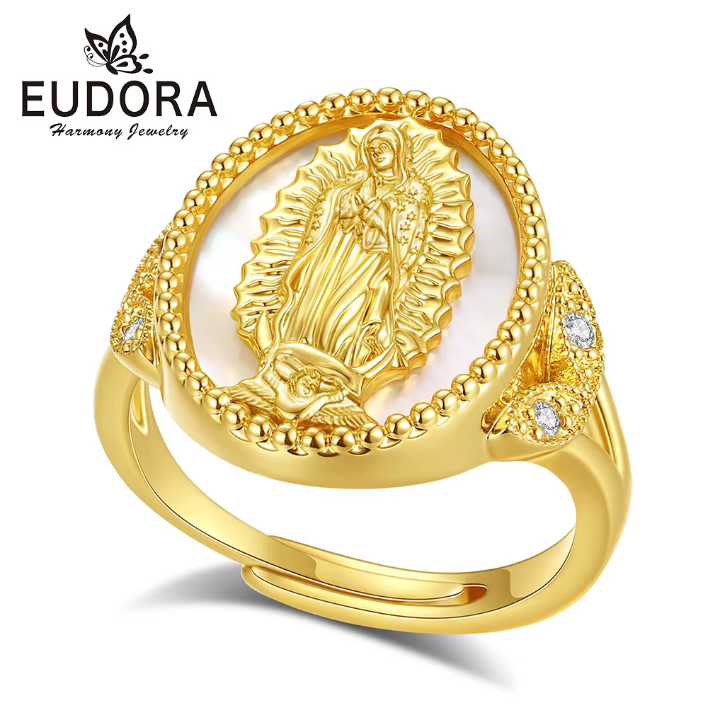 Bague Eudora en cuivre Vierge Marie, nacre blanche, Vierge de Guadalupe, ajustable, amulette chrétie