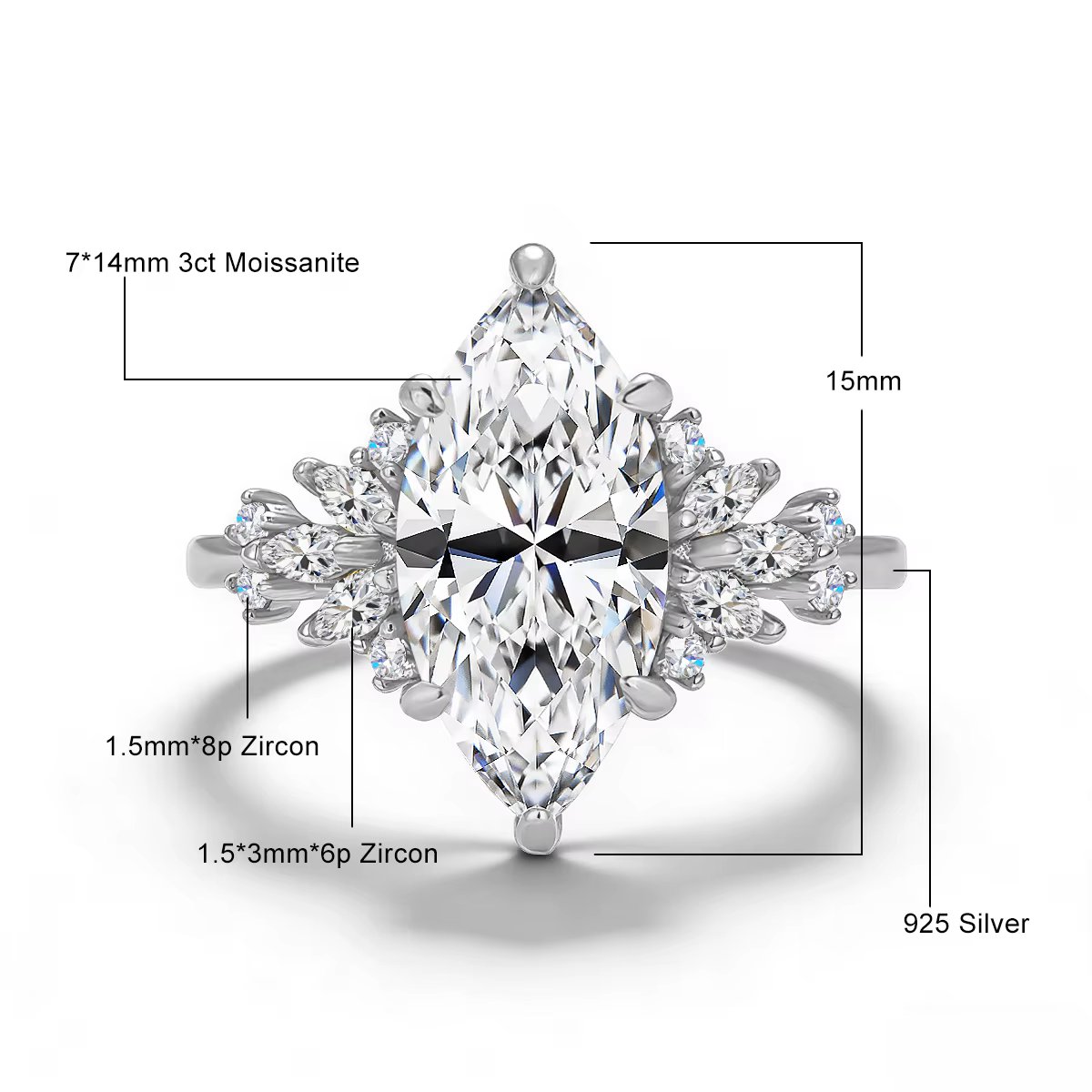 Bague de mariage en or 14 carats plaqué or 3 carats de moissanite taille marquise pour femmes, quali