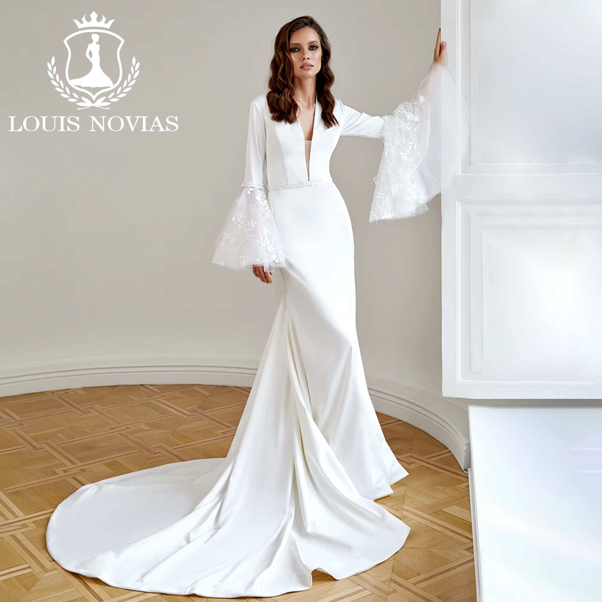 Modiis-Robe de mariée sirène en satin, manches évasées, ceinture appliquée, robe de mariée chic sexy