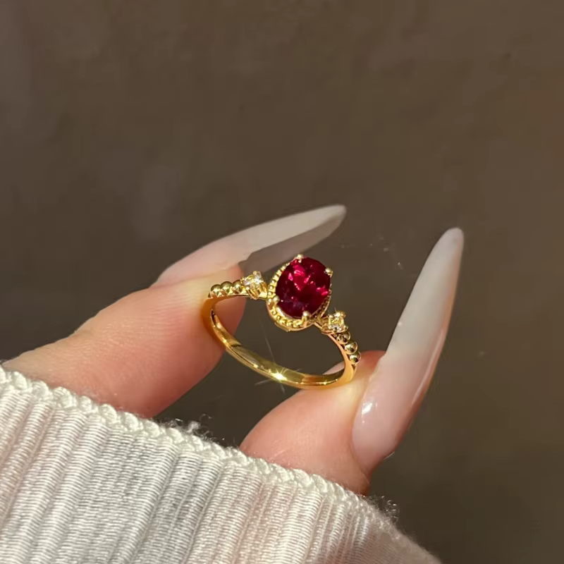 Bagues ovales en rubis pour femmes, style cour rétro, mode luxueuse, haut de gamme, rouge, ouverture