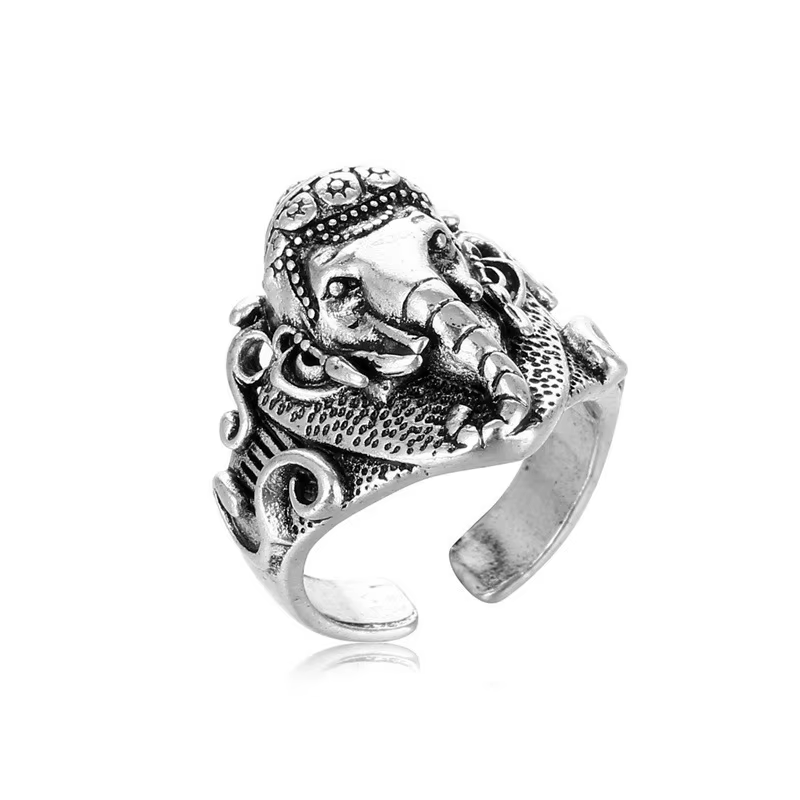 Bague rétro Ganesha éléphant dieu pour hommes, couleur argent, Punk gothique, anneau ouvert, bijoux 