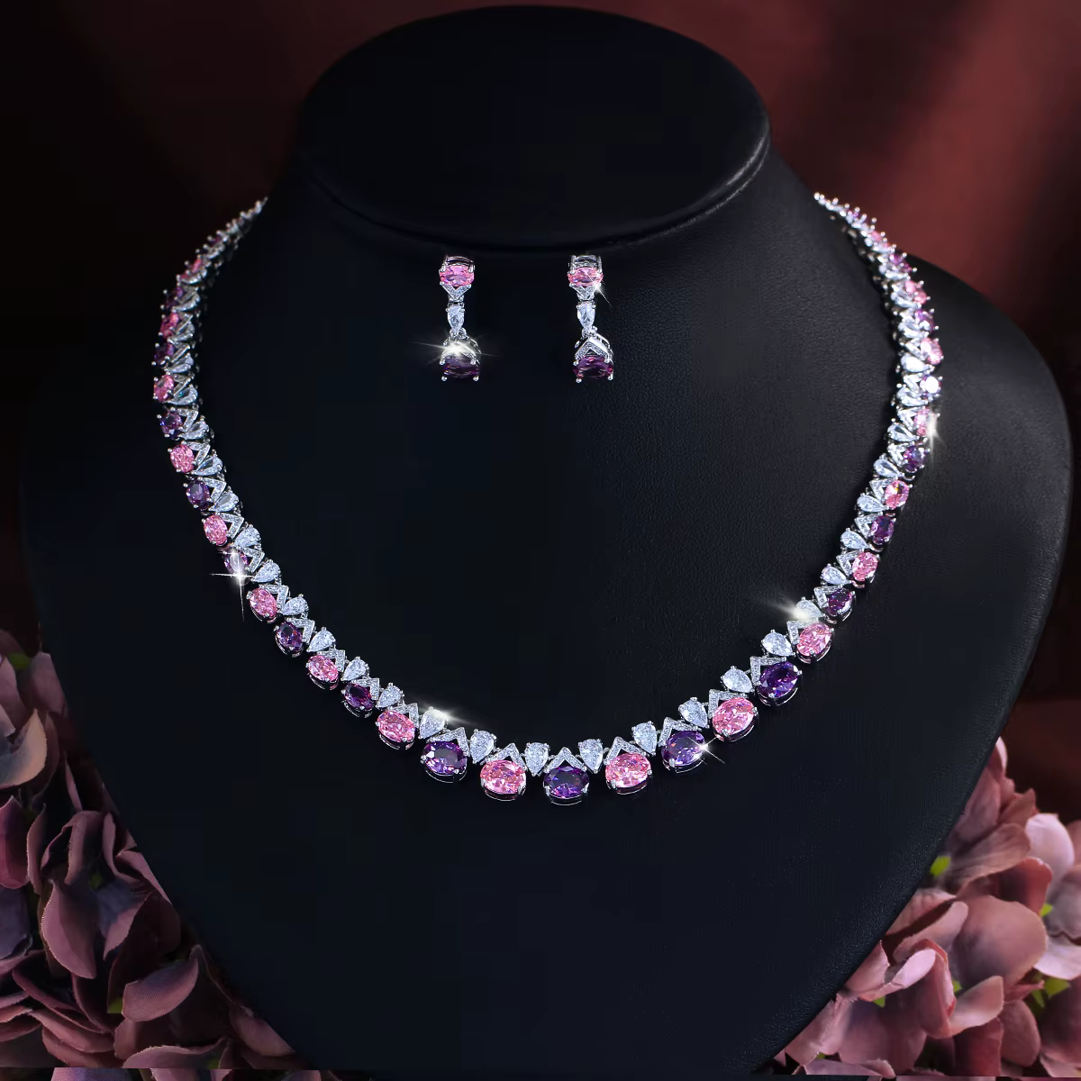 BeaQueen – ensemble collier et boucles d'oreilles de luxe en zircone cubique rose et violet pour fem