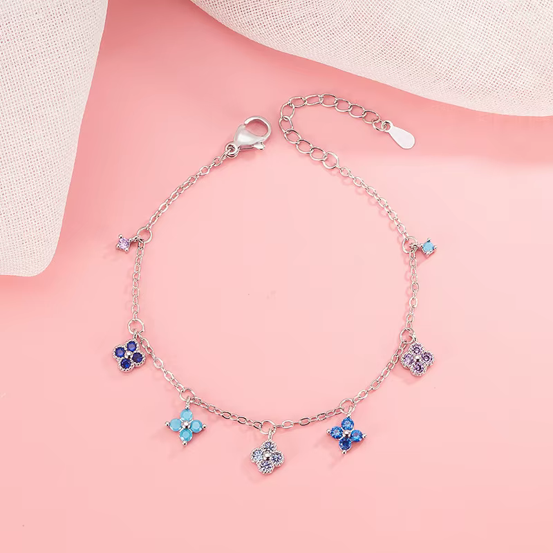 Bracelet et chevillère en argent sterling 925, nouveau, trèfle à quatre feuilles multicolore, diaman