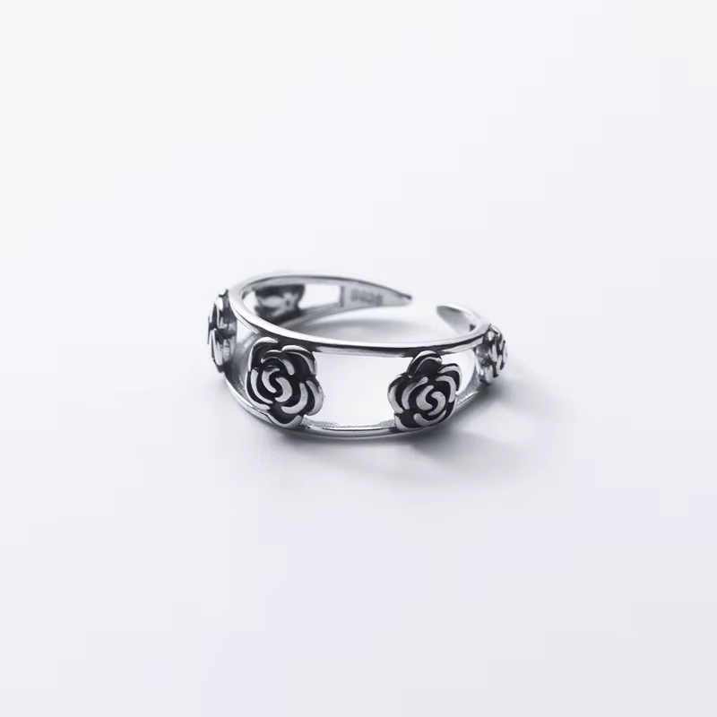 ANENJERY Rose fleur anneau ouvert pour les femmes personnalité corée Niche Design Thai argent rétro 