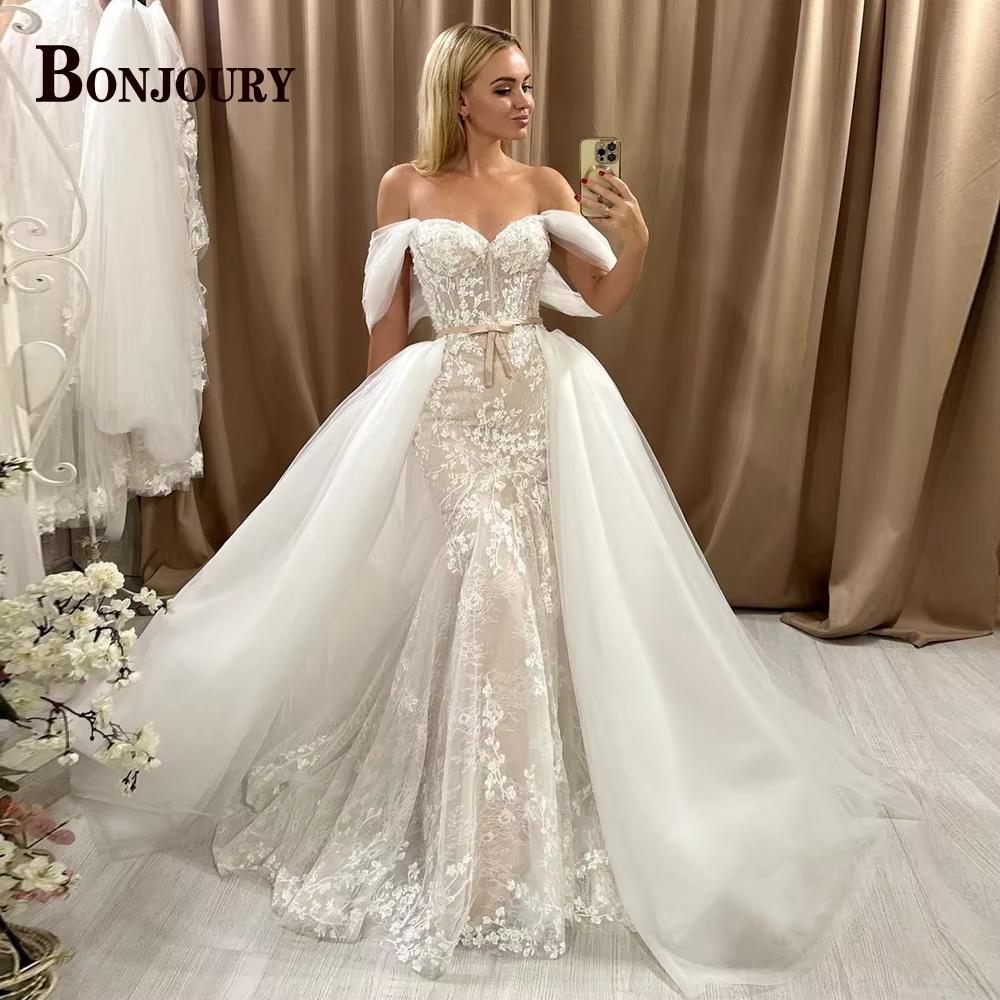BONChain-Robe de Mariée URY Mn à Col en V pour Femme, Tenue à Épaules Dénudées, Poignée Sirène, Traî