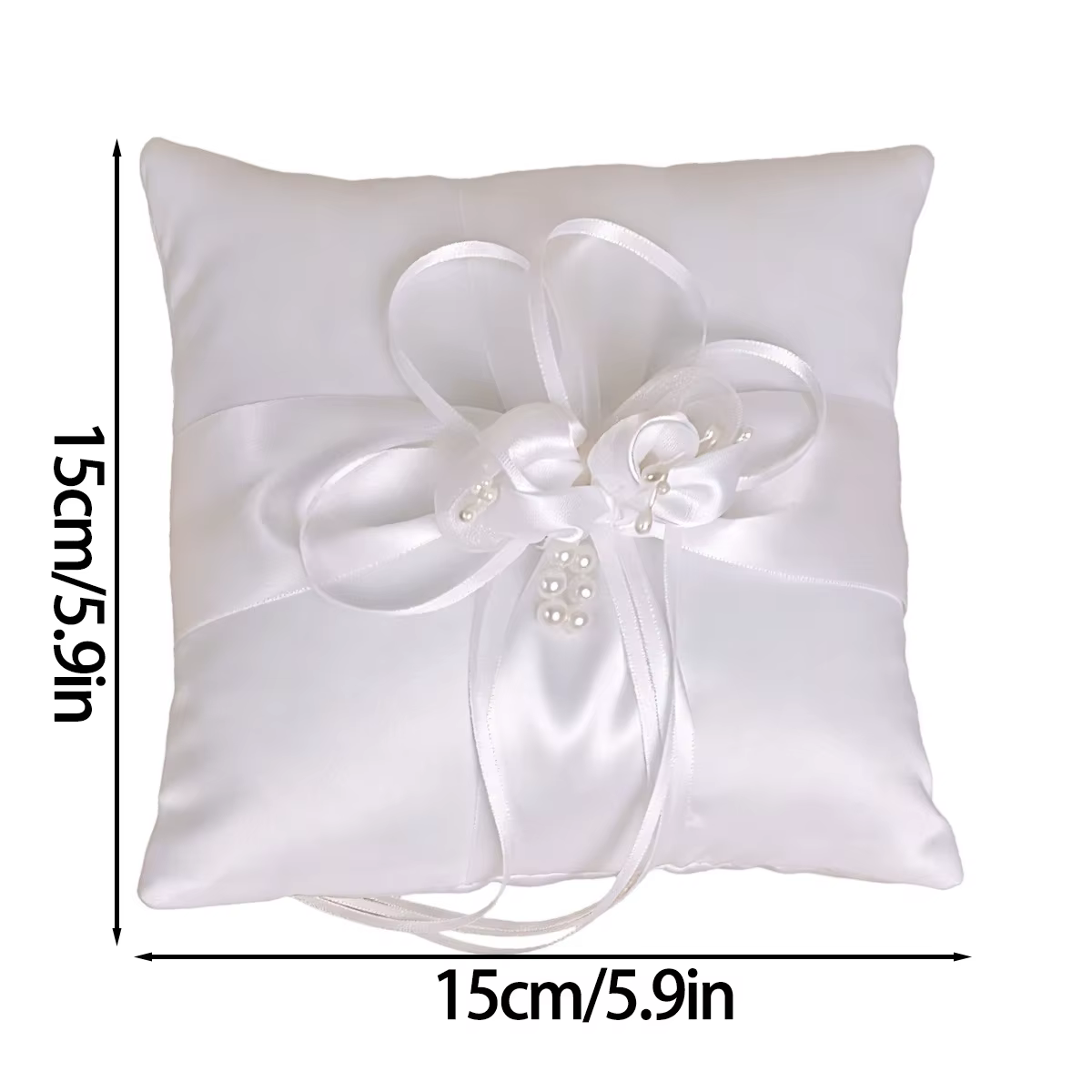 Coussin porte-alliances carré blanc en satin avec nœud perlé, support pour alliances de demoiselle d