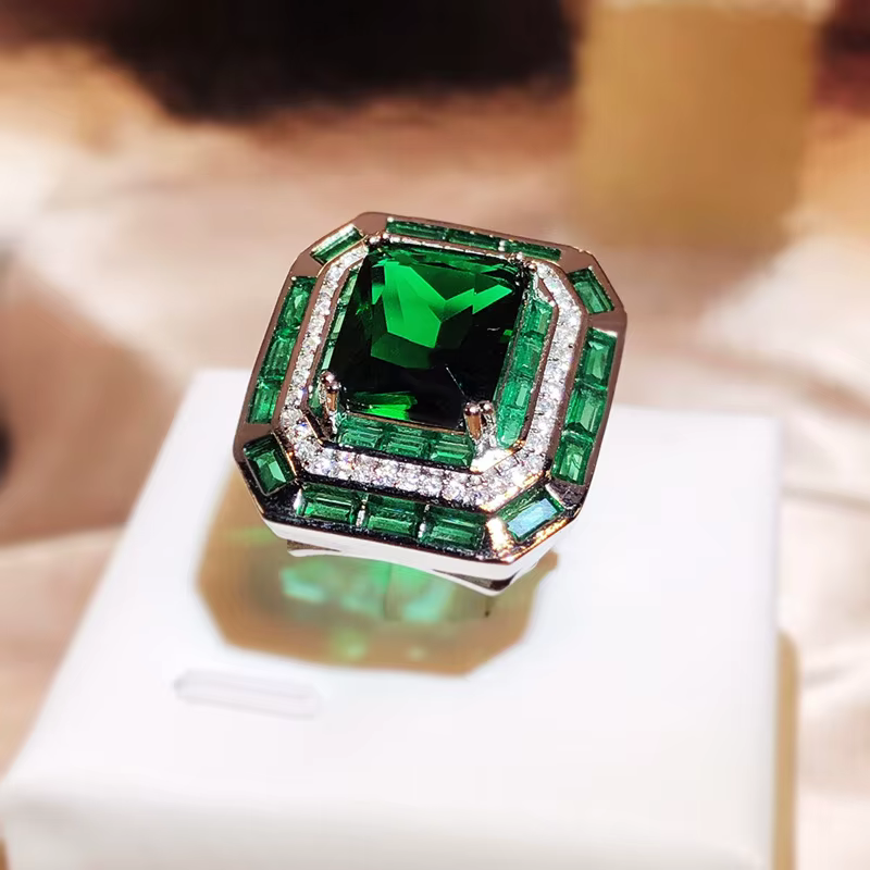 Bague de mariage en cristal vert grand carré pour femmes, bijoux de Cocktail en argent Sterling 925 