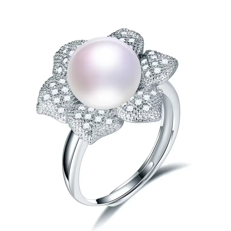 YWYC 100% véritable perle de culture d'eau douce bague mode 925 en argent Sterling fleur Zircon cris