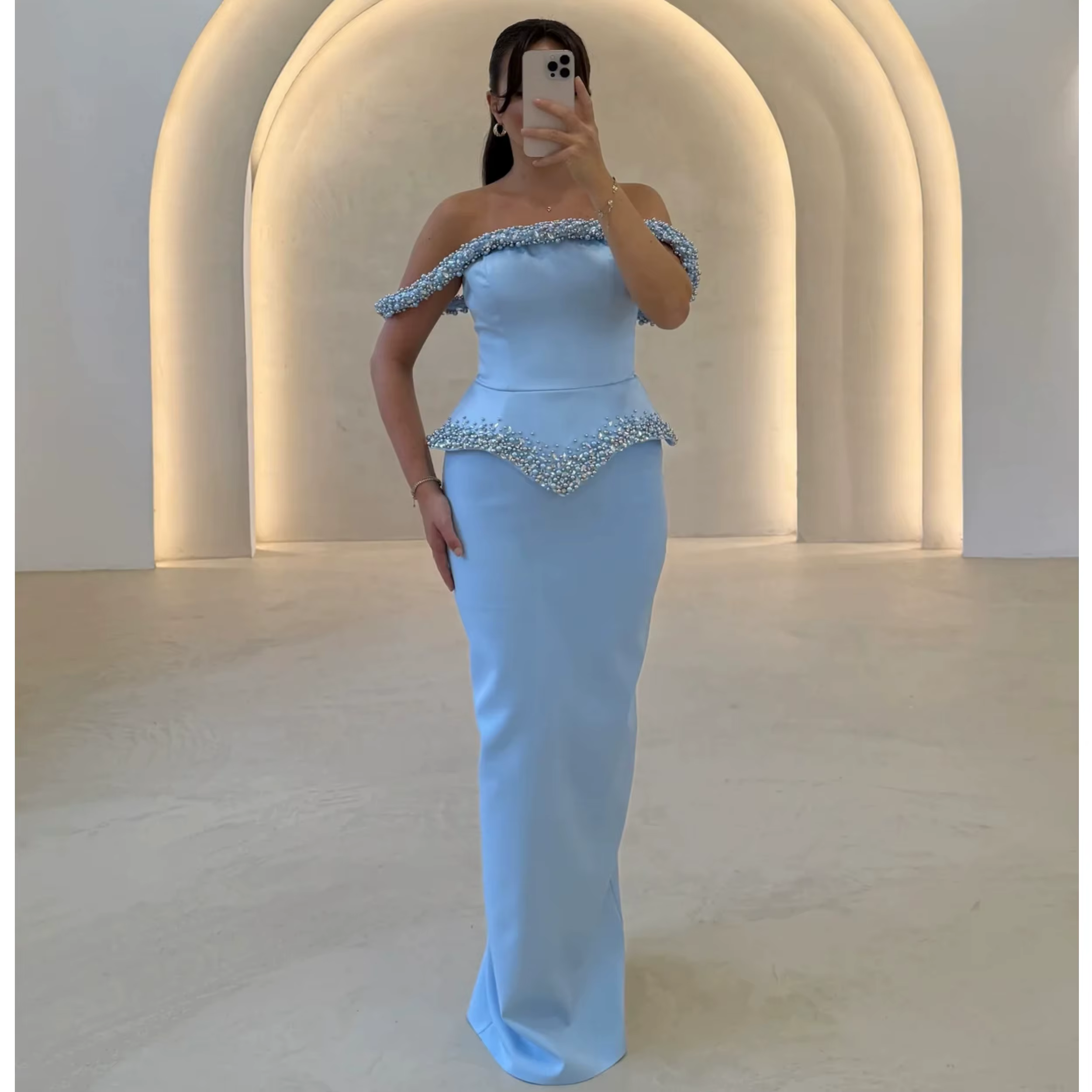 Robes de soirée sirène bleues sexy, épaules dénudées, robes de bal avec perles pour événements forme