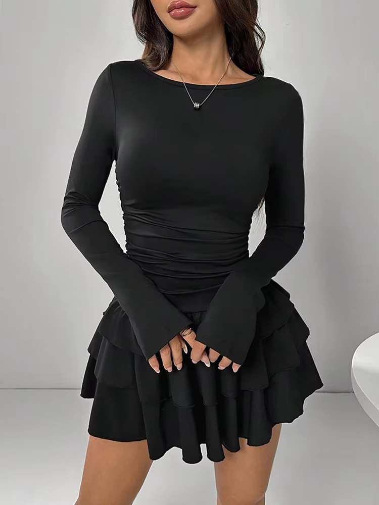 Mini robe de bal élégante à manches longues, col rond, Sexy, moulante, couleur unie, tenue pour femm