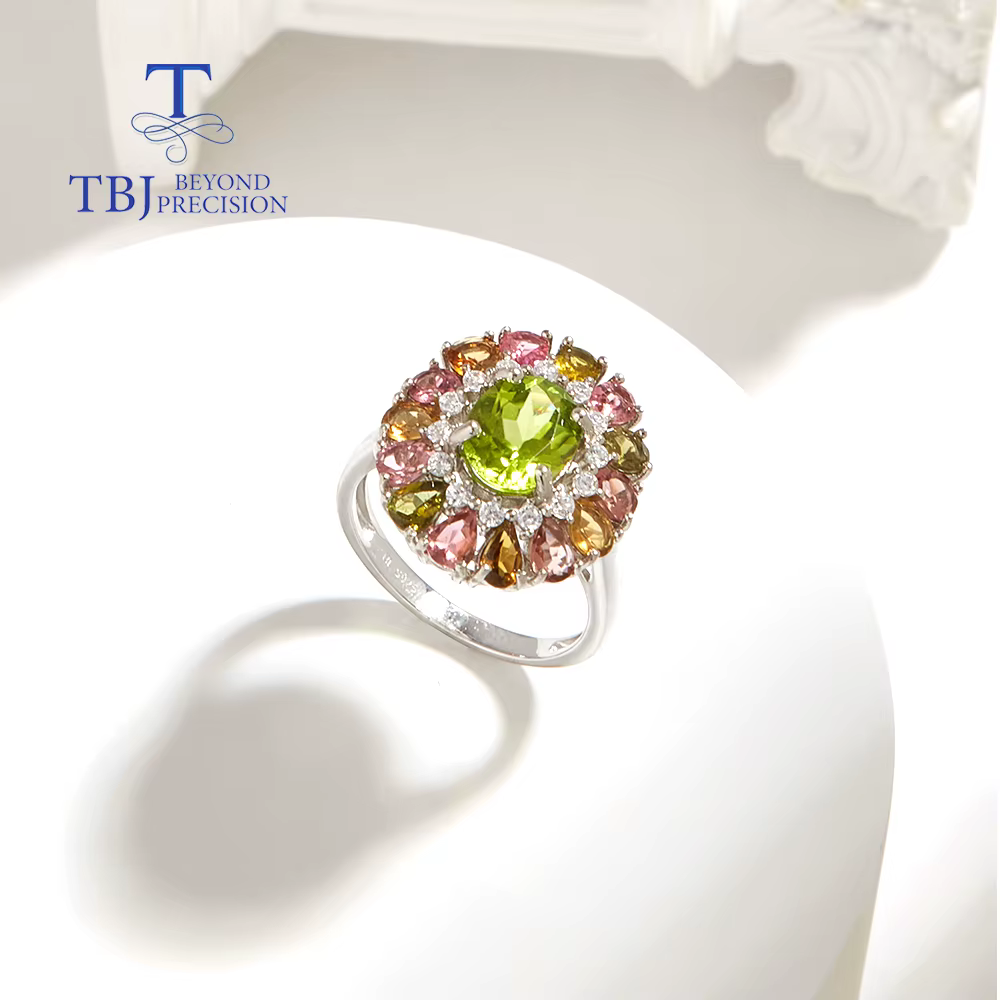 Bague classique en tourmaline péridot 2026, pierres précieuses colorées, argent sterling 925, bijoux