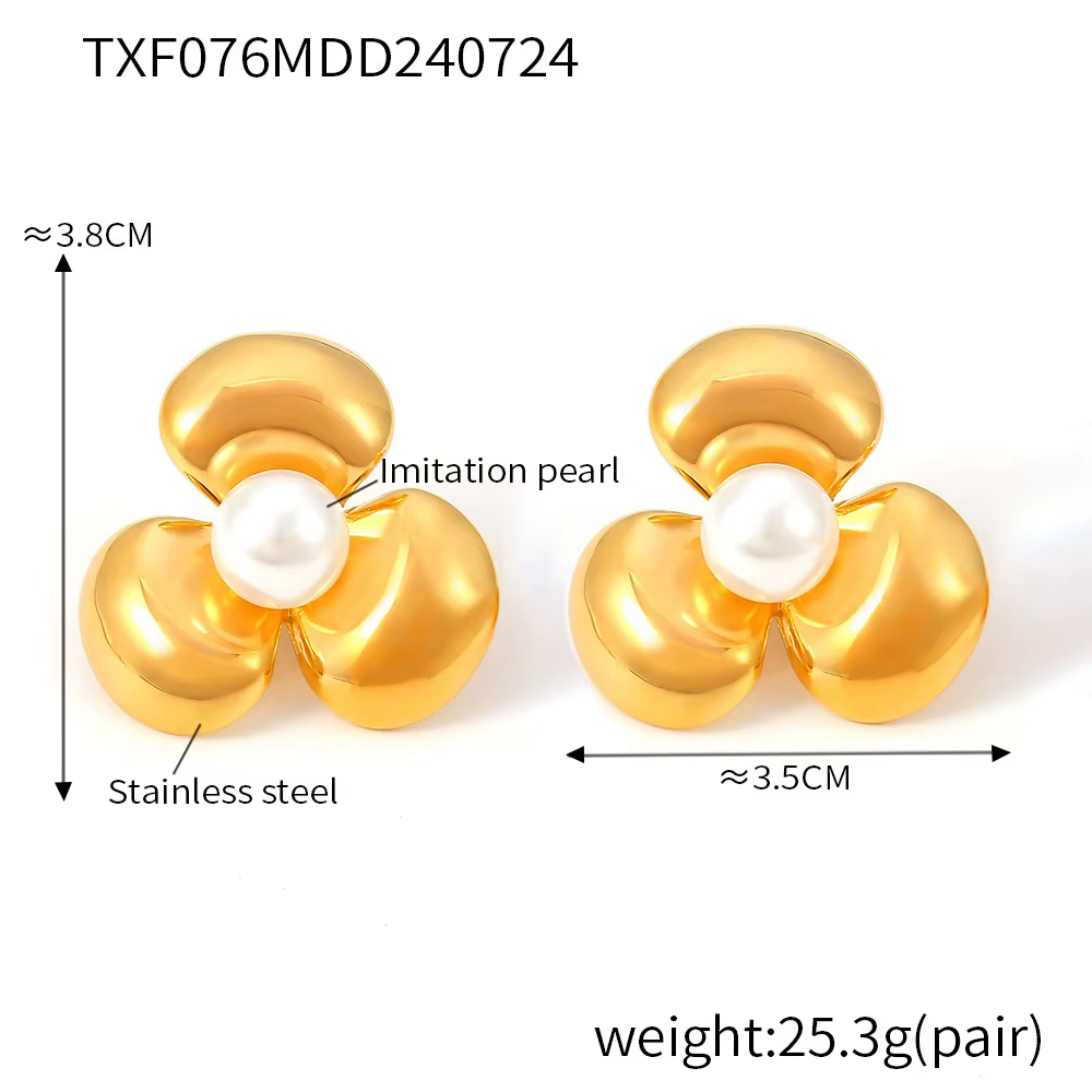 Ensemble bague et boucles d'oreilles en acier inoxydable pour femme, fleur brillante, perle simulée,