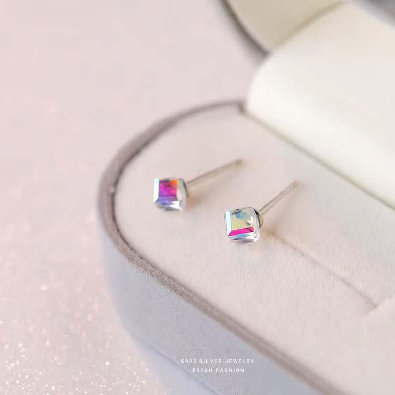 Boucles d'oreilles en argent Sterling 100% véritable S925, Cube autrichien aurore, cristal carré arc
