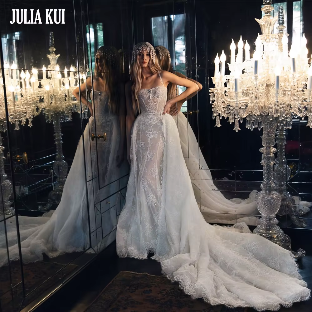 Julia Kui-Robe de Mariée Sirène Élégante 2 en 1, Broderie en Dentelle, Bretelles Spaghetti, Trompent