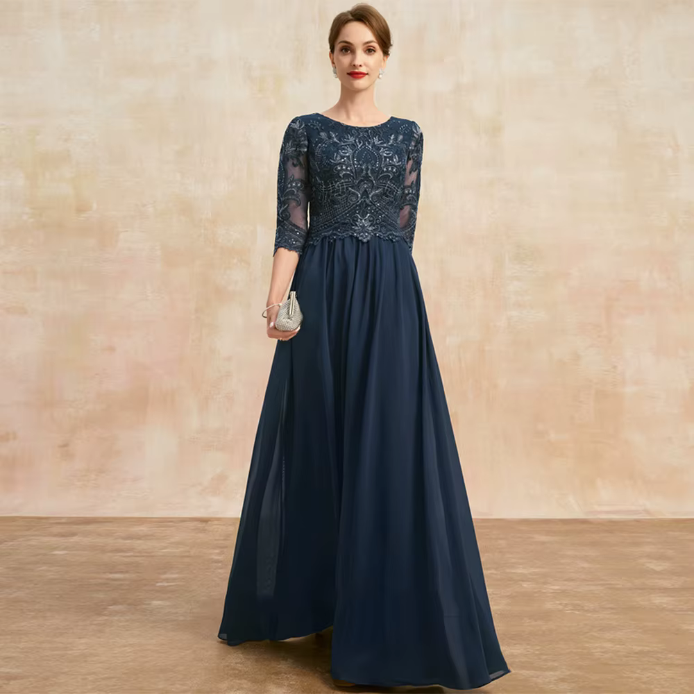 Robes mère De mariée bleu marine avec dentelle, manches 3/4, robes De soirée De mariage pour femmes,