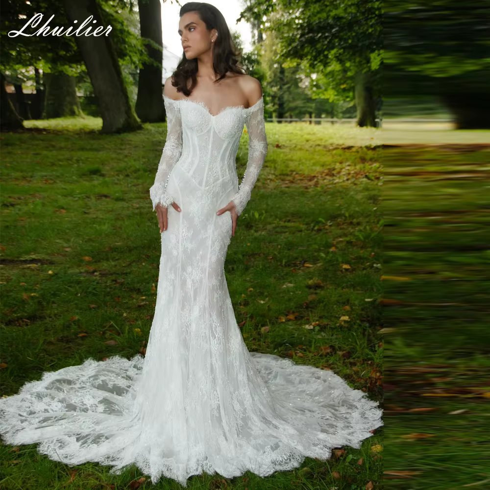 Lhuilier – robe de mariée sirène en dentelle, personnalisée, manches longues, épaules dénudées, perl