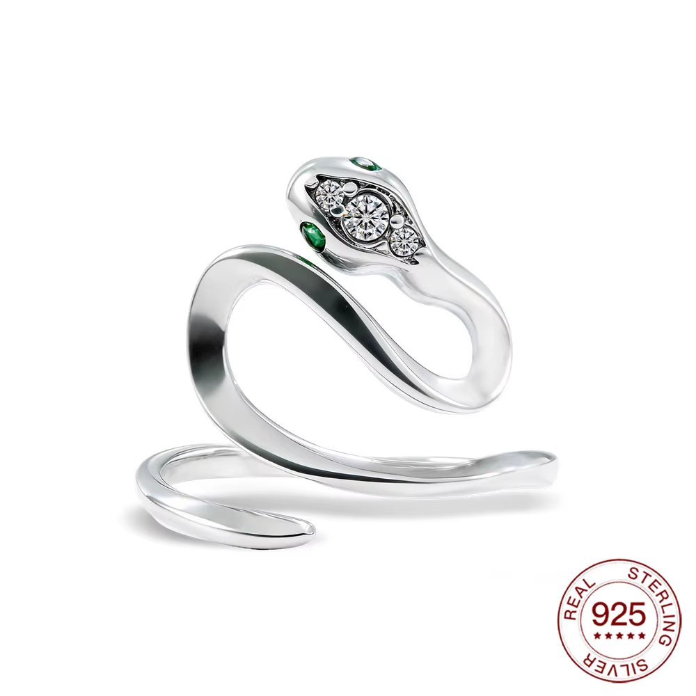 Bague Serpent en Argent Sterling 925 avec Œil CZ Vert et Pavé CZ Transparent, Réglable, pour Femme, 