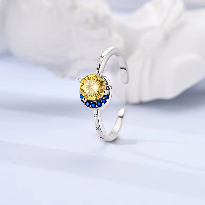 Bague originale en argent Sterling 925, anneaux ouverts soleil et lune scintillants pour femmes et f