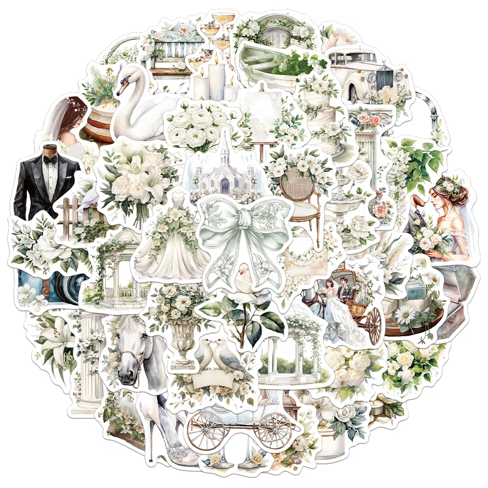 50 autocollants créatifs rétro à fleurs blanches pour mariage, pour journalisation, matériaux décora