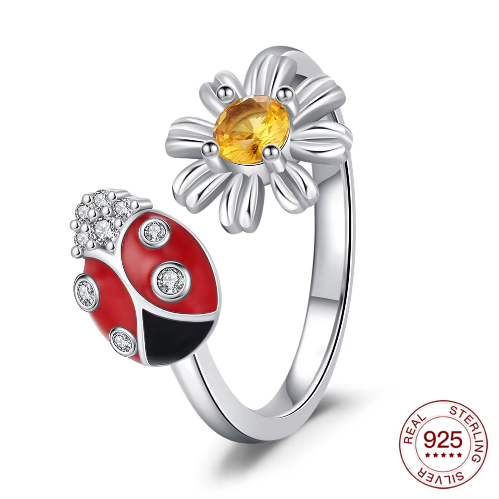 Bague ouverte en argent sterling 925 motif coccinelle et chrysanthème, hypoallergénique, pour les fê