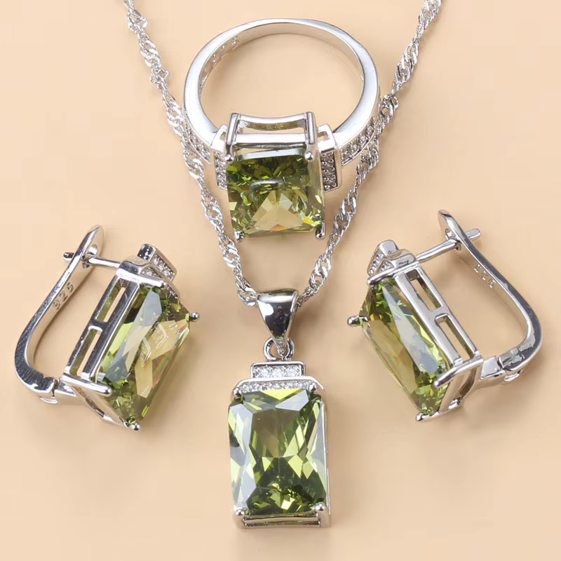 Ensembles de bijoux à breloques en argent 925 avec pierre verte pour femmes, boucles d'oreilles à cl