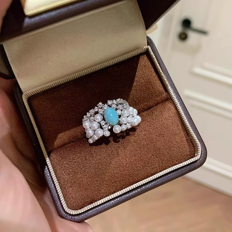 Bague vintage en argent 925 avec diamant incrusté de perles turquoise, bagues romantiques de luxe ha