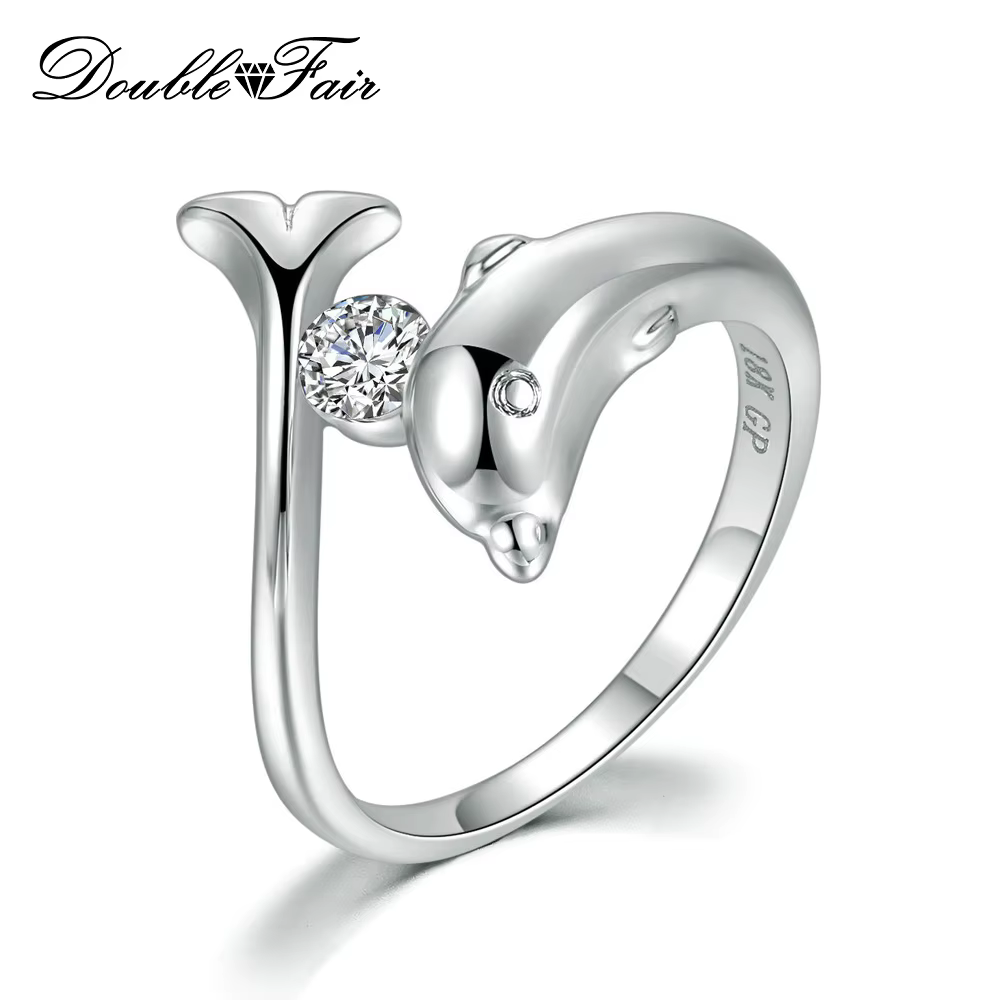 Bague en forme de dauphin Double, anneau d'amour pour femmes, couleur or blanc/Rose, pierre de naiss