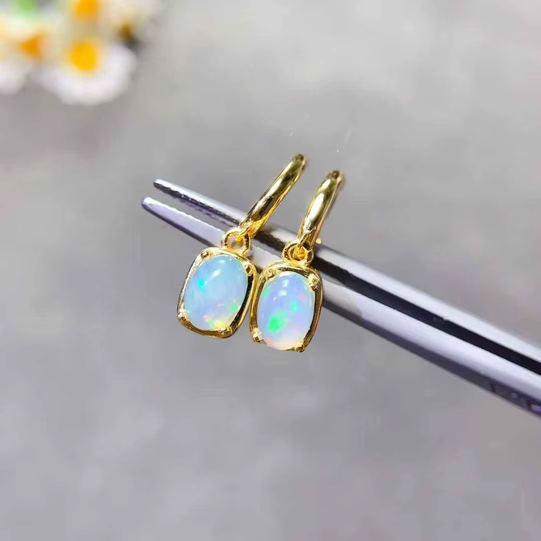 Boucles d'oreilles en opale blanche australienne véritable, 5mm x 7mm, opale naturelle, en argent 92