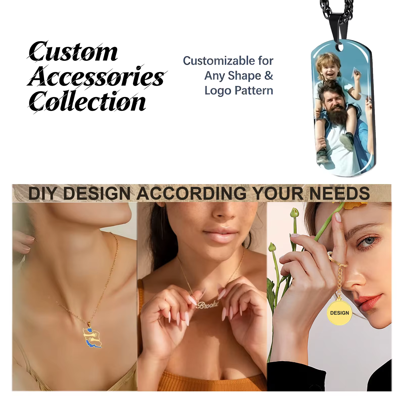 Type de bijoux personnalisé, élément de conception personnalisé, pendentif, collier, bague, nom grav