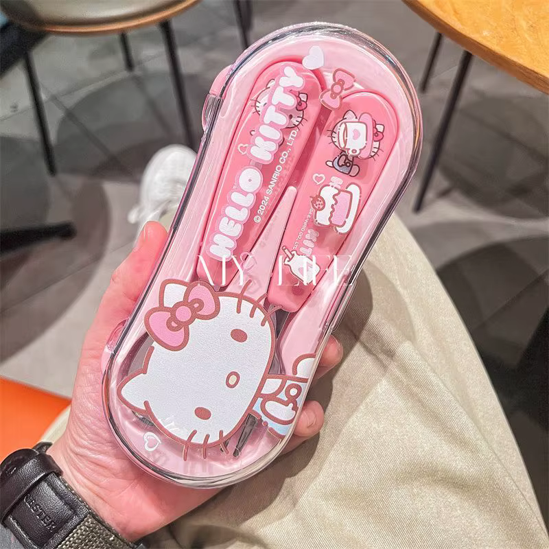 Ensemble de couverts Hello Kitty avec boîte de rangement, fourchette, cuillère et baguettes réutilis